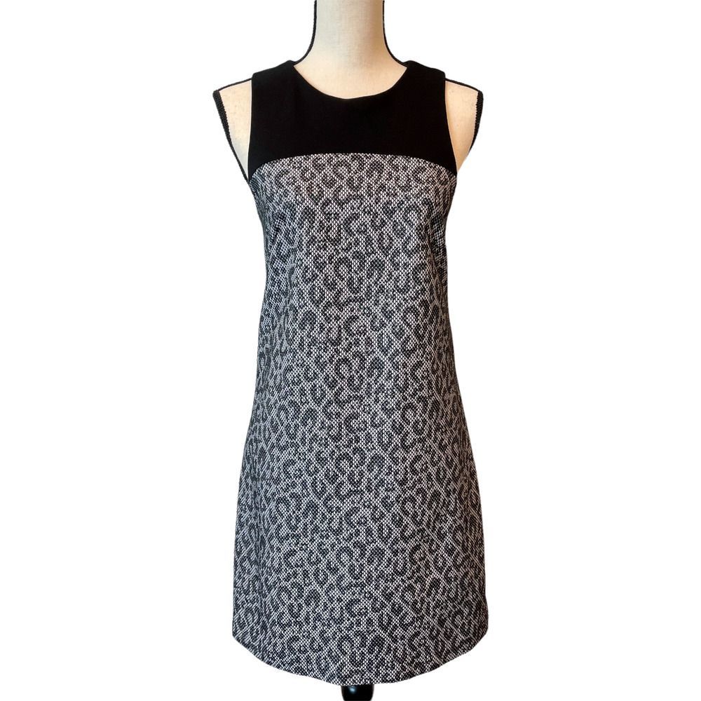 4C Womens Black White Leopard Print Tweed Sleeveless Mini Mod Shift Dress Sz 6